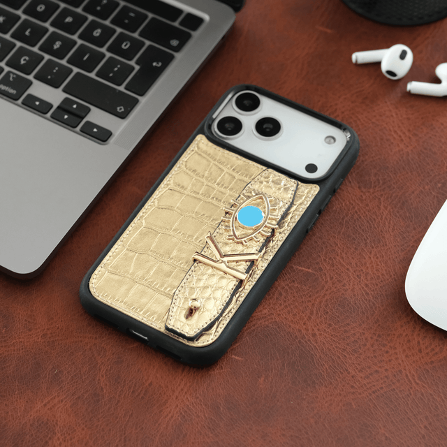 Harfli Kroko Gold Deri iPhone Kılıf