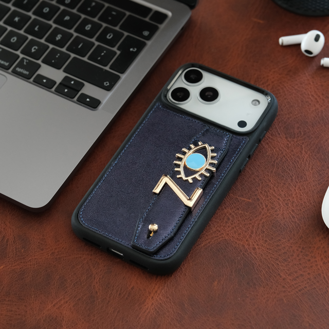 Harfli Lacivert Deri iPhone Kılıf