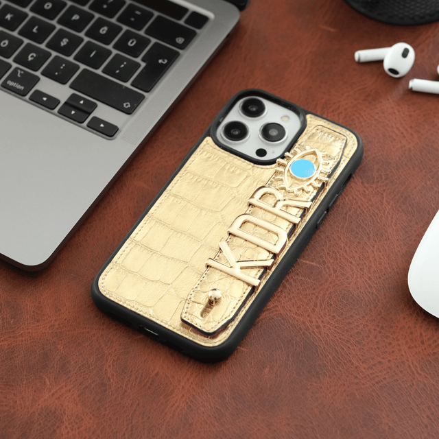 Harfli Kroko Gold Deri iPhone Kılıf