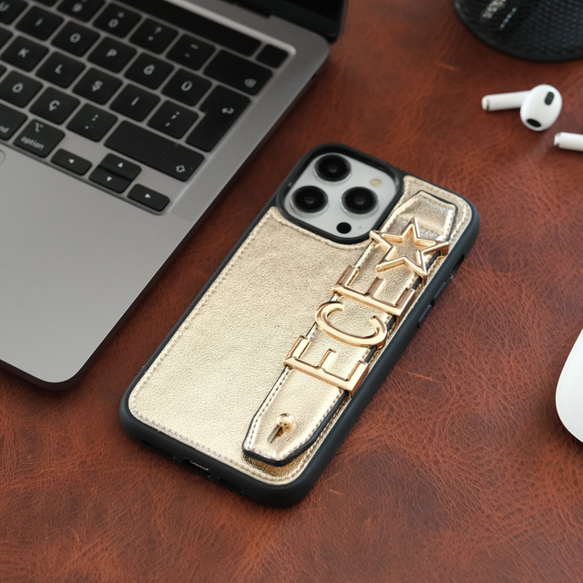 Harfli Gold Deri iPhone Kılıf