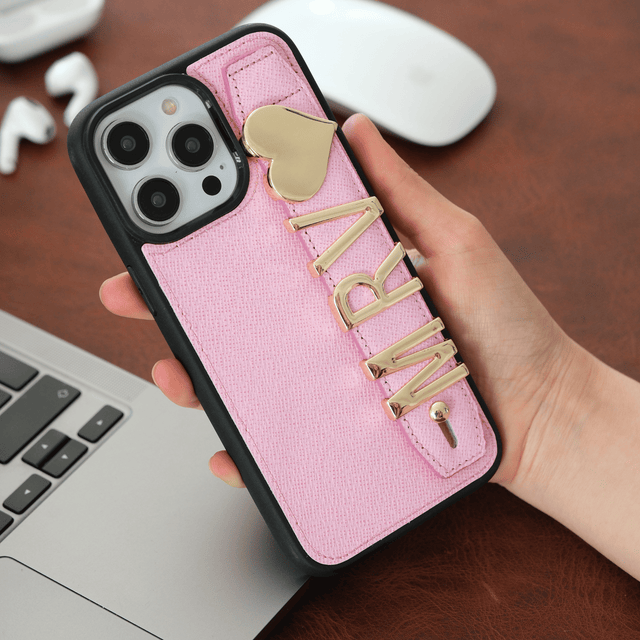Harfli Toz Pembe Deri iPhone Kılıf