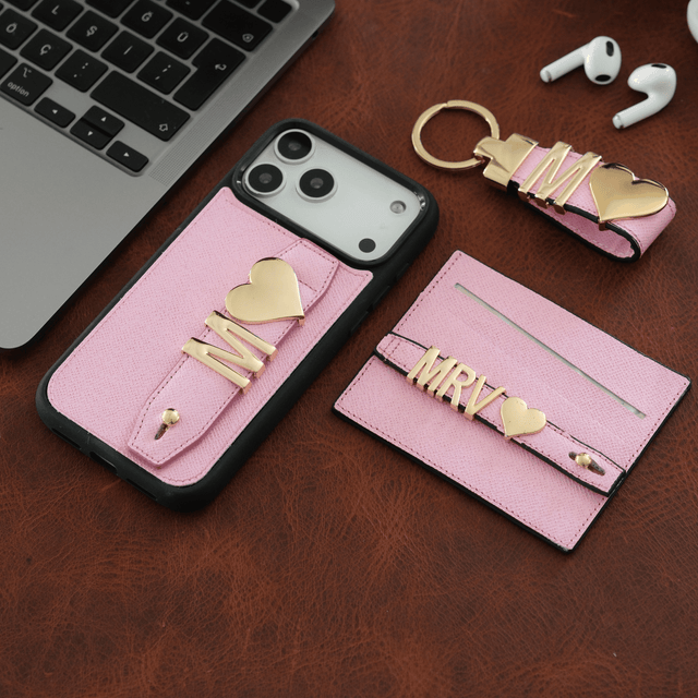 Harfli Toz Pembe Deri iPhone Kılıf