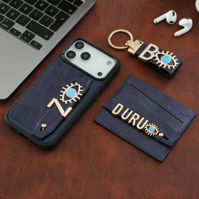 Harfli Lacivert Deri iPhone Kılıf