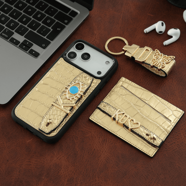 Harfli Kroko Gold Deri iPhone Kılıf