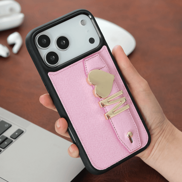 Harfli Toz Pembe Deri iPhone Kılıf