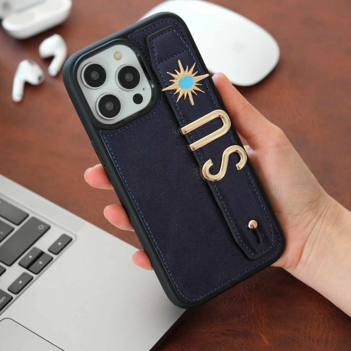 Personalized Navy Leather iPhone Case