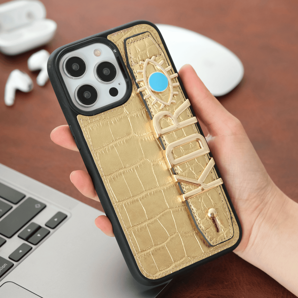 Personalized Gold Crocodile-Embossed Leather iPhone Case