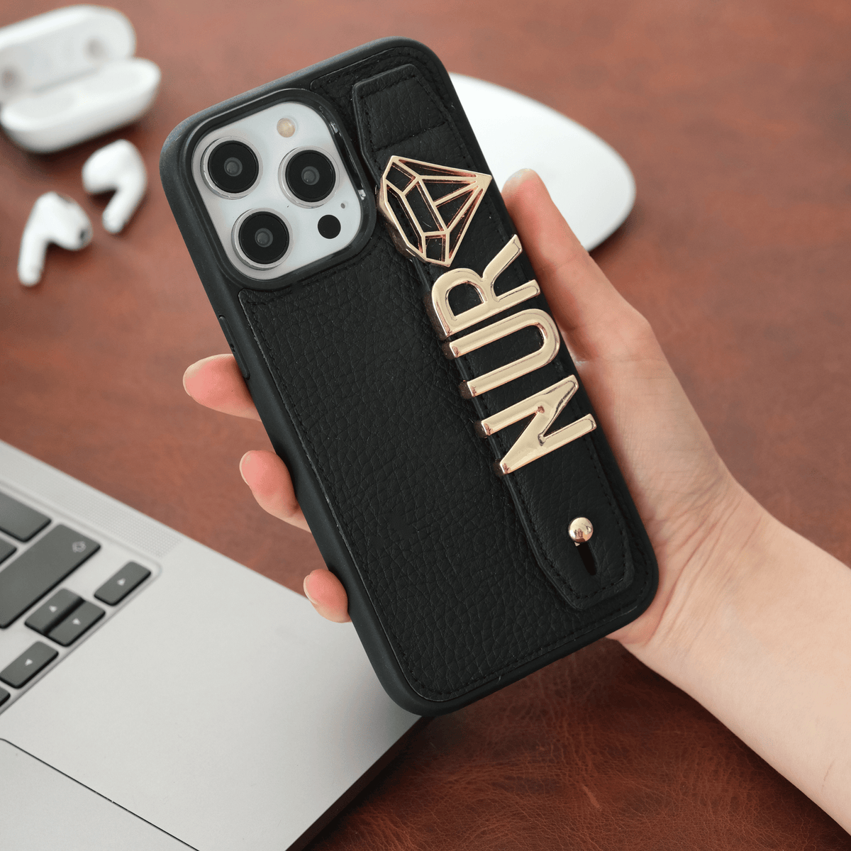 Personalized Black Togo Leather iPhone Case